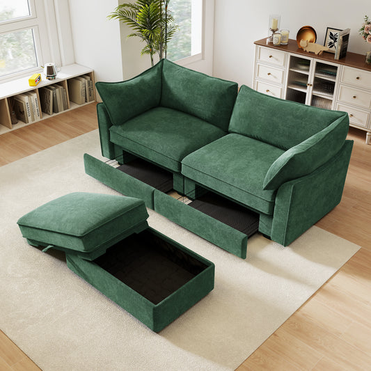 2 Seater Sofa With Footrest , 2-Seat Sofa with 1 Movable Ottoman, Pull out Storage Drawer Under Each Seat,Chenille Green
