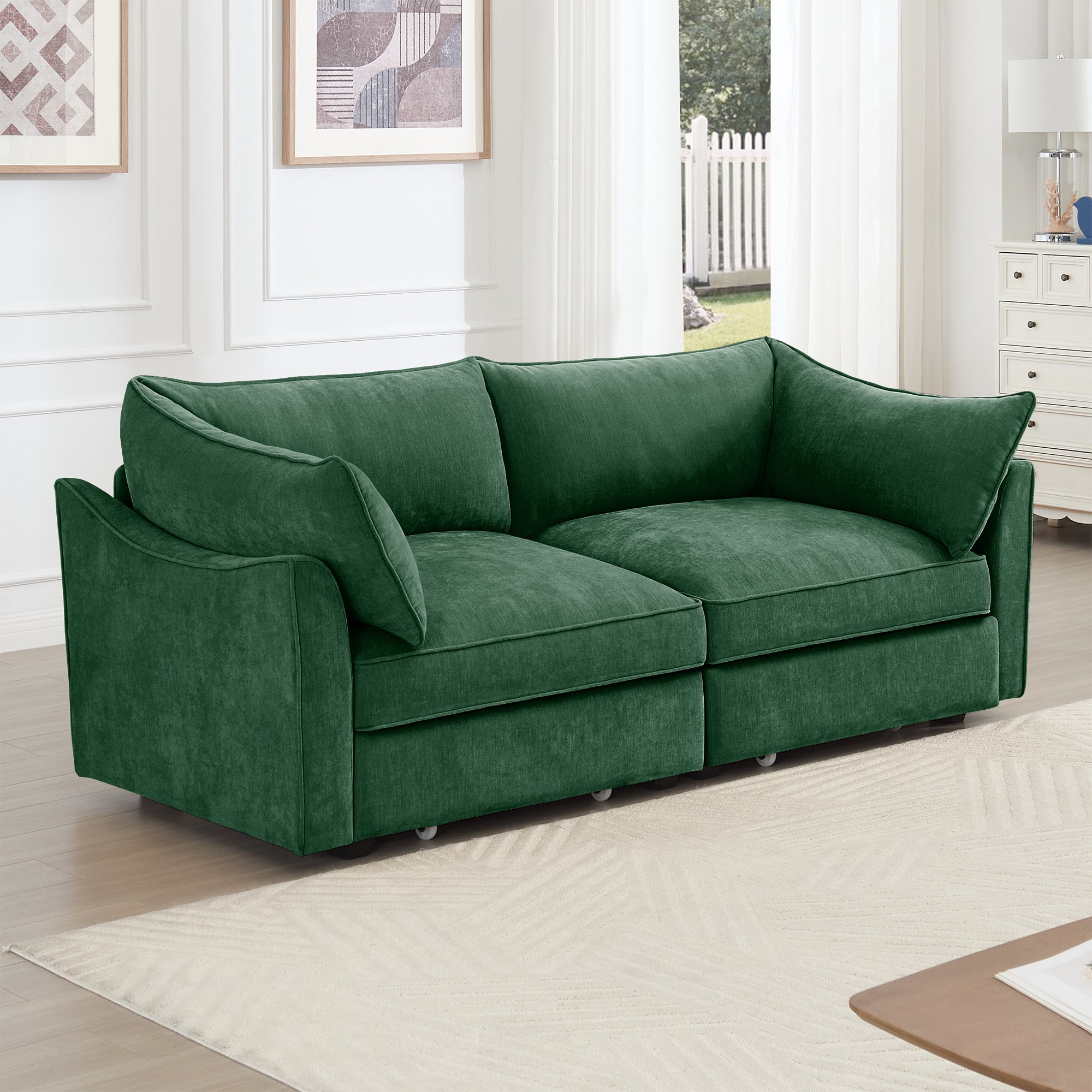 2 Seater Sofa With Pull out Storage Drawers Under Each Seat, Crescent-shaped Armrests And Wraparound , Suitable for Small Living Rooms, Chenille Green