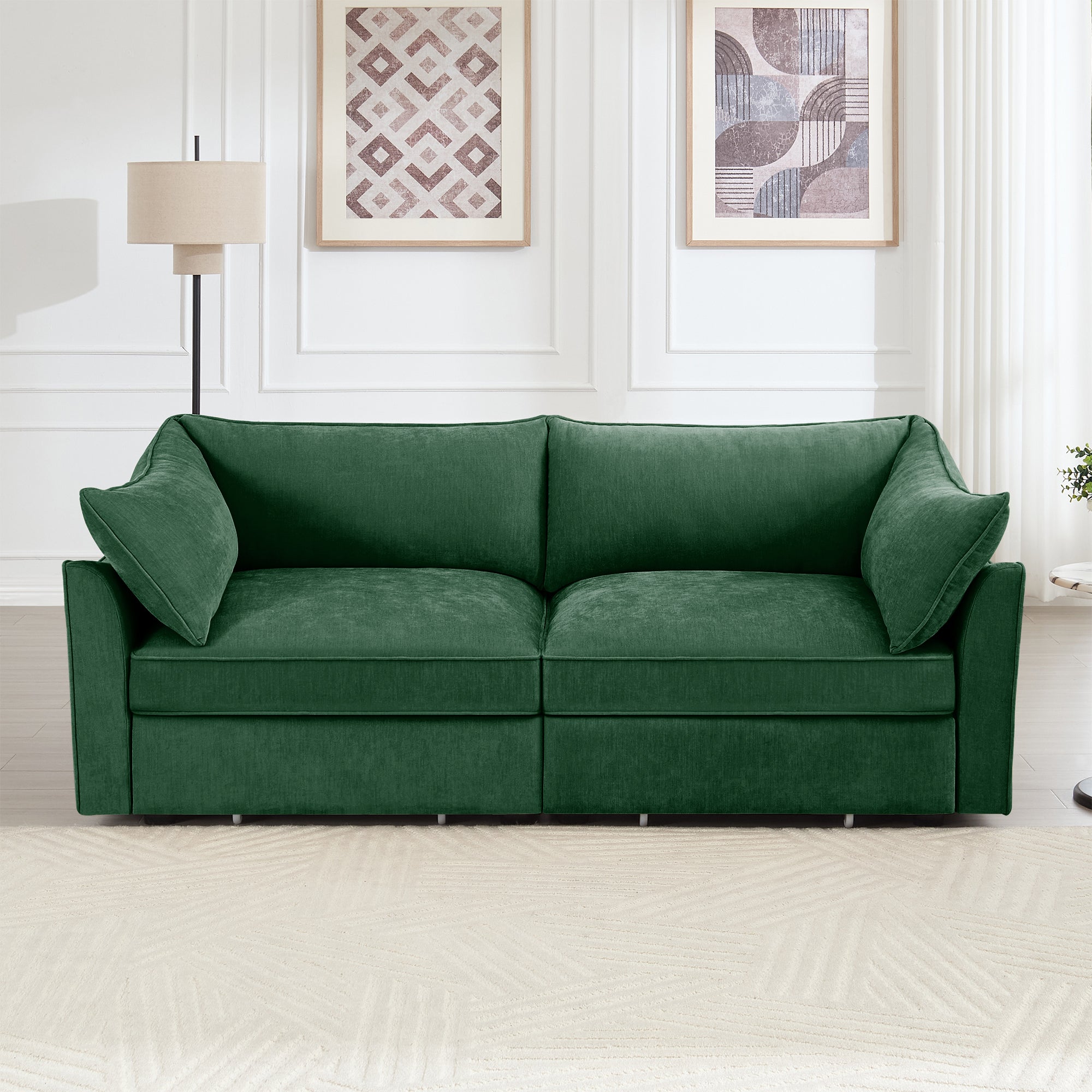 2 Seater Sofa With Pull out Storage Drawers Under Each Seat, Crescent-shaped Armrests And Wraparound , Suitable for Small Living Rooms, Chenille Green