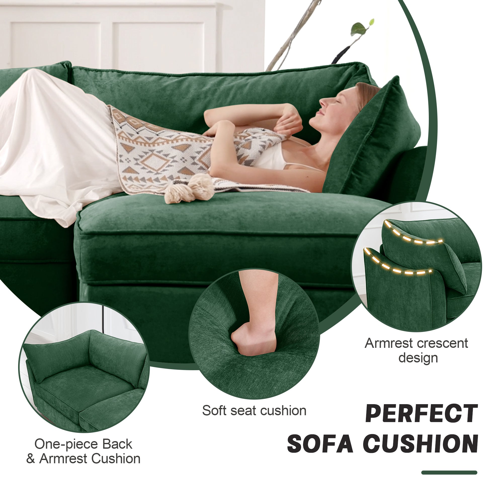 2 Seater Sofa With Pull out Storage Drawers Under Each Seat, Crescent-shaped Armrests And Wraparound , Suitable for Small Living Rooms, Chenille Green