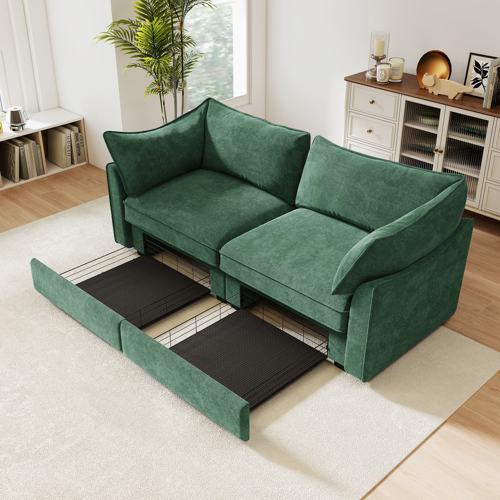 2 Seater Sofa With Pull out Storage Drawers Under Each Seat, Crescent-shaped Armrests And Wraparound , Suitable for Small Living Rooms, Chenille Green