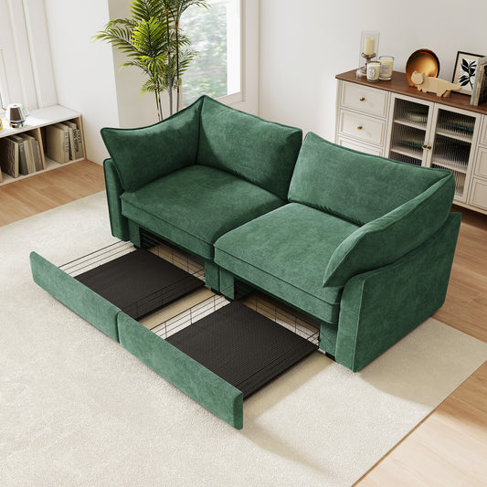 2 Seater Sofa With Pull out Storage Drawers Under Each Seat, Crescent-shaped Armrests And Wraparound , Suitable for Small Living Rooms, Chenille Green