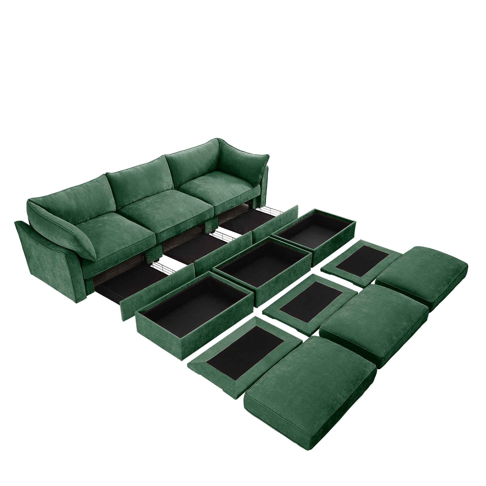 3 Seater Sofa With 3 Ottomans, Wide and Deep Seat 3-Seat Home Theater Sleeper Sofa for Living Room, Modular Sectional Sofa with Storage Pull out Drawer Under Each Seat, Chenille Green