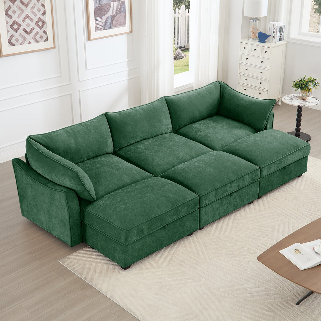 3 Seater Sofa With 3 Ottomans, Wide and Deep Seat 3-Seat Home Theater Sleeper Sofa for Living Room, Modular Sectional Sofa with Storage Pull out Drawer Under Each Seat, Chenille Green