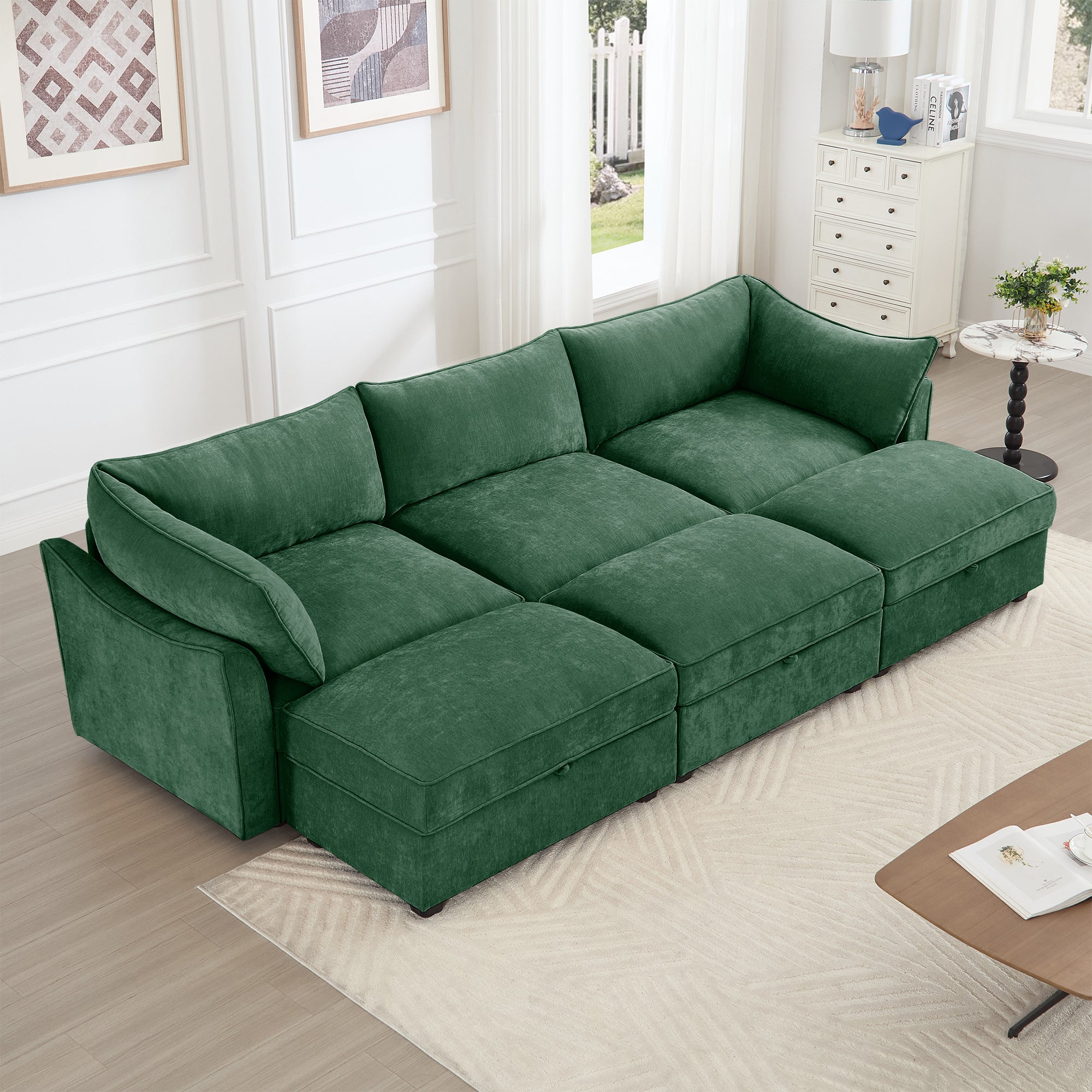 3 Seater Sofa With 3 Ottomans, Wide and Deep Seat 3-Seat Home Theater Sleeper Sofa for Living Room, Modular Sectional Sofa with Storage Pull out Drawer Under Each Seat, Chenille Green