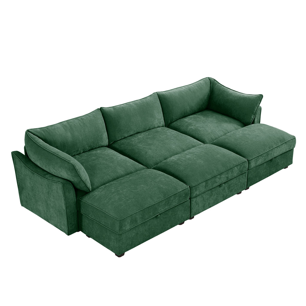 3 Seater Sofa With 3 Ottomans, Wide and Deep Seat 3-Seat Home Theater Sleeper Sofa for Living Room, Modular Sectional Sofa with Storage Pull out Drawer Under Each Seat, Chenille Green