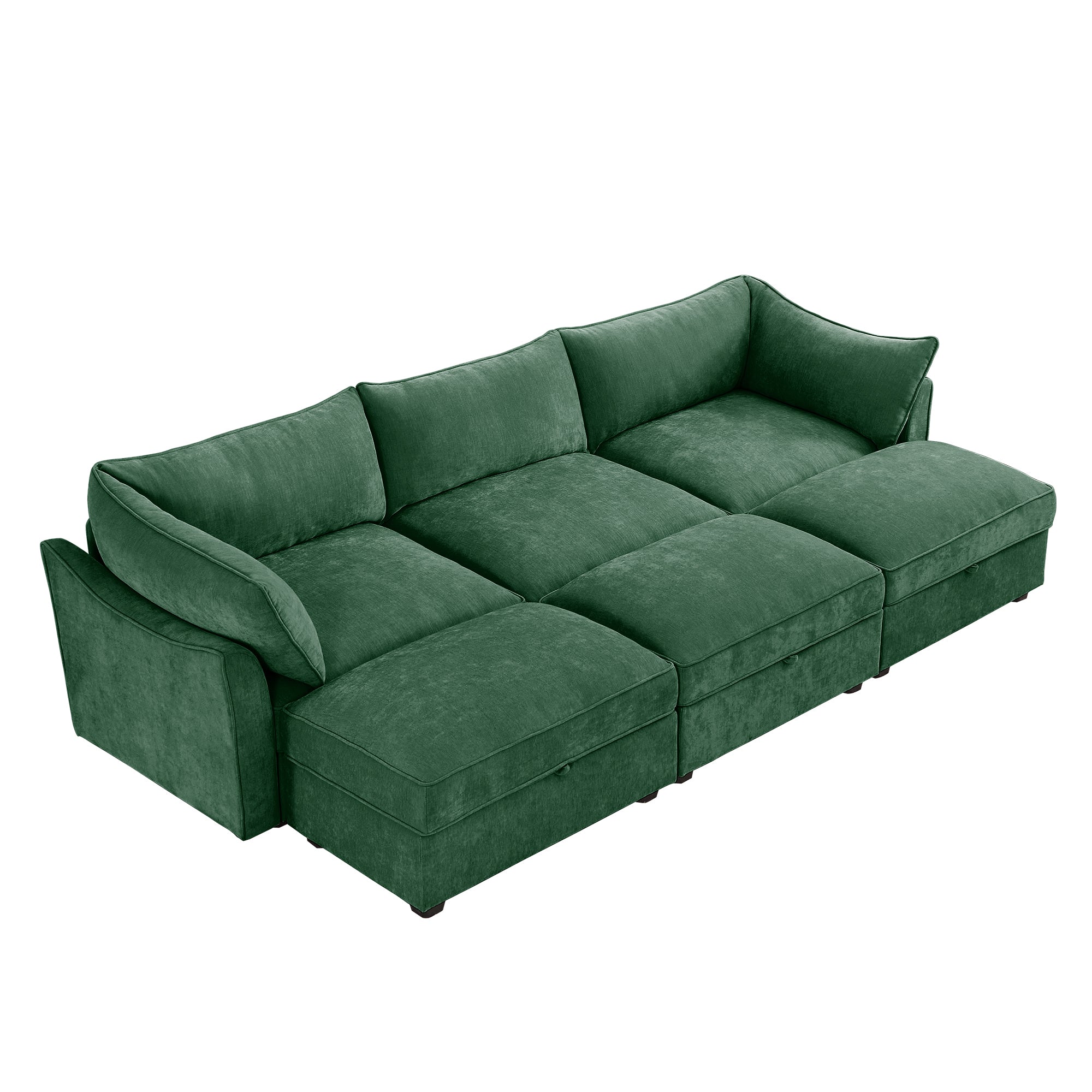 3 Seater Sofa With 3 Ottomans, Wide and Deep Seat 3-Seat Home Theater Sleeper Sofa for Living Room, Modular Sectional Sofa with Storage Pull out Drawer Under Each Seat, Chenille Green