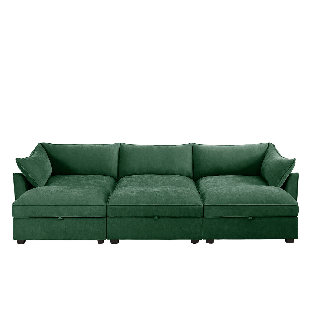 3 Seater Sofa With 3 Ottomans, Wide and Deep Seat 3-Seat Home Theater Sleeper Sofa for Living Room, Modular Sectional Sofa with Storage Pull out Drawer Under Each Seat, Chenille Green