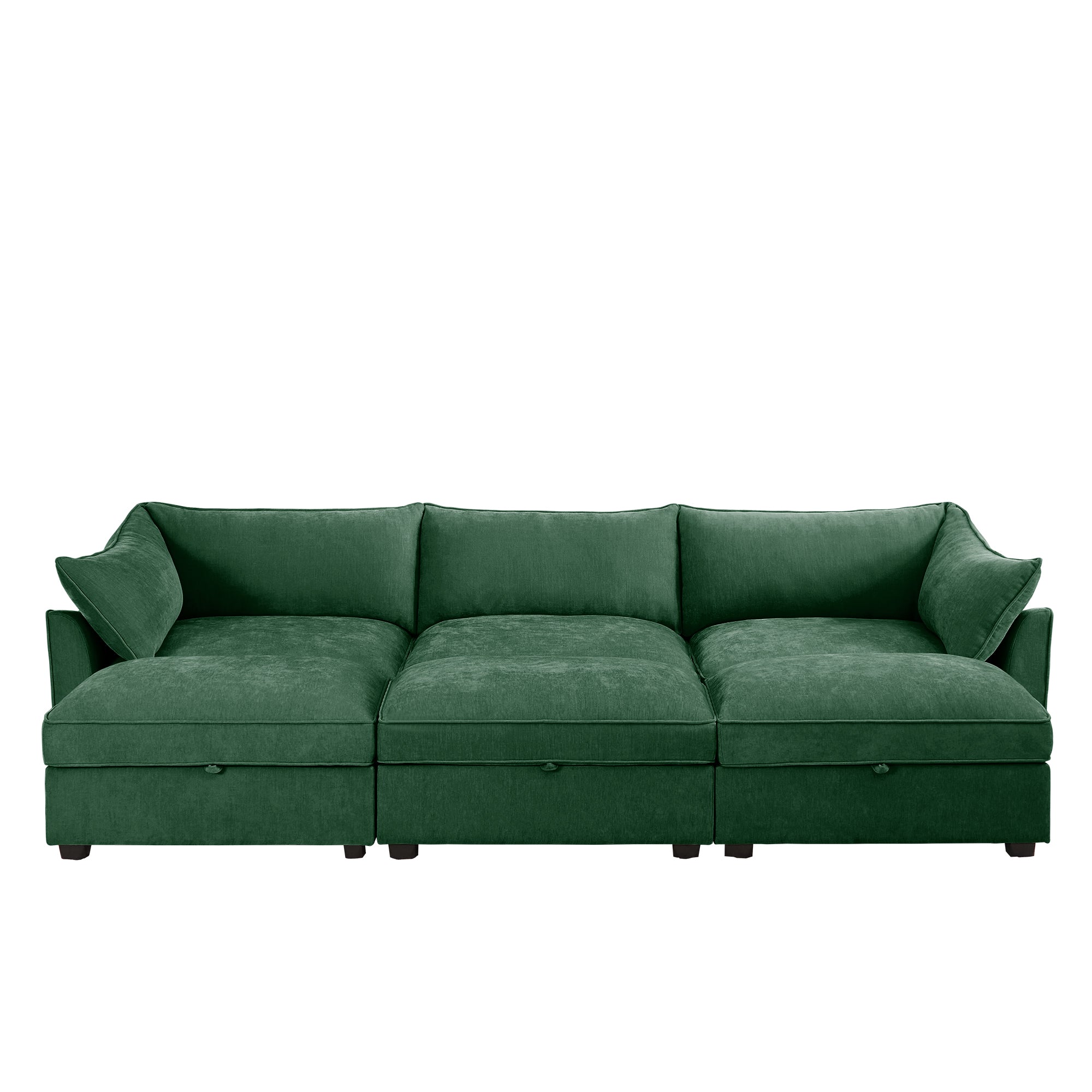 3 Seater Sofa With 3 Ottomans, Wide and Deep Seat 3-Seat Home Theater Sleeper Sofa for Living Room, Modular Sectional Sofa with Storage Pull out Drawer Under Each Seat, Chenille Green