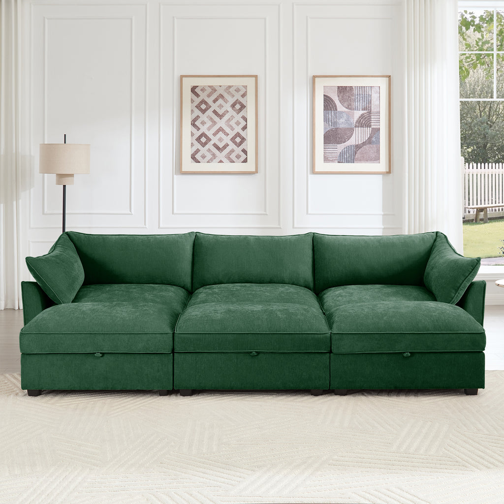 3 Seater Sofa With 3 Ottomans, Wide and Deep Seat 3-Seat Home Theater Sleeper Sofa for Living Room, Modular Sectional Sofa with Storage Pull out Drawer Under Each Seat, Chenille Green