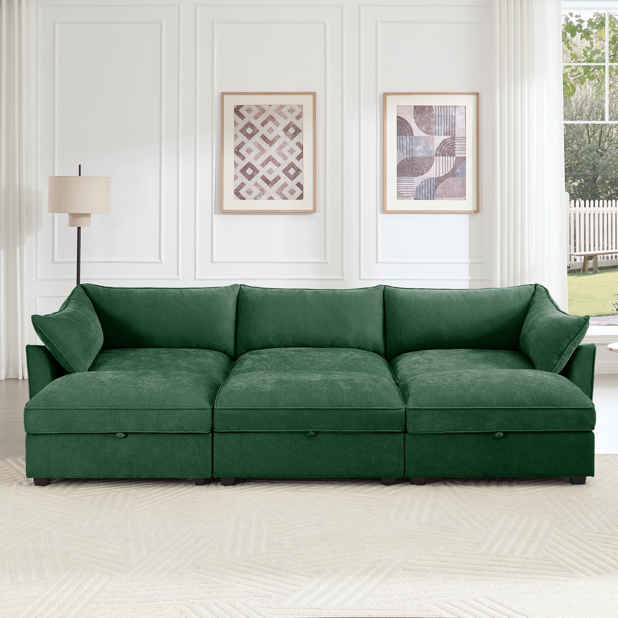 3 Seater Sofa With 3 Ottomans, Wide and Deep Seat 3-Seat Home Theater Sleeper Sofa for Living Room, Modular Sectional Sofa with Storage Pull out Drawer Under Each Seat, Chenille Green