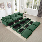 3 Seater Sofa With 3 Ottomans, Wide and Deep Seat 3-Seat Home Theater Sleeper Sofa for Living Room, Modular Sectional Sofa with Storage Pull out Drawer Under Each Seat, Chenille Green