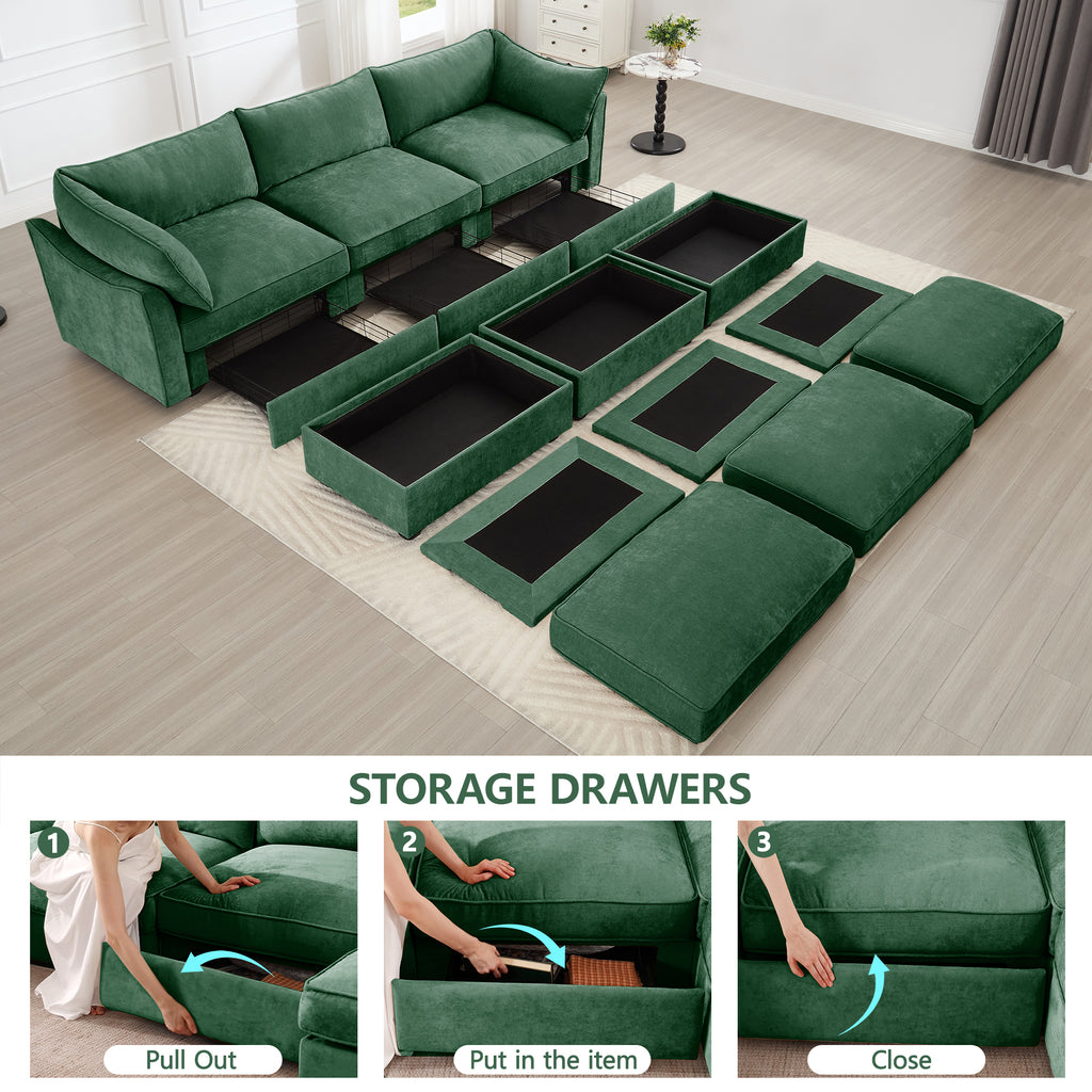3 Seater Sofa With 3 Ottomans, Wide and Deep Seat 3-Seat Home Theater Sleeper Sofa for Living Room, Modular Sectional Sofa with Storage Pull out Drawer Under Each Seat, Chenille Green
