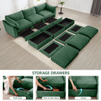 3 Seater Sofa With 3 Ottomans, Wide and Deep Seat 3-Seat Home Theater Sleeper Sofa for Living Room, Modular Sectional Sofa with Storage Pull out Drawer Under Each Seat, Chenille Green