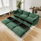 3 Seater Sofa With 3 Ottomans, Wide and Deep Seat 3-Seat Home Theater Sleeper Sofa for Living Room, Modular Sectional Sofa with Storage Pull out Drawer Under Each Seat, Chenille Green