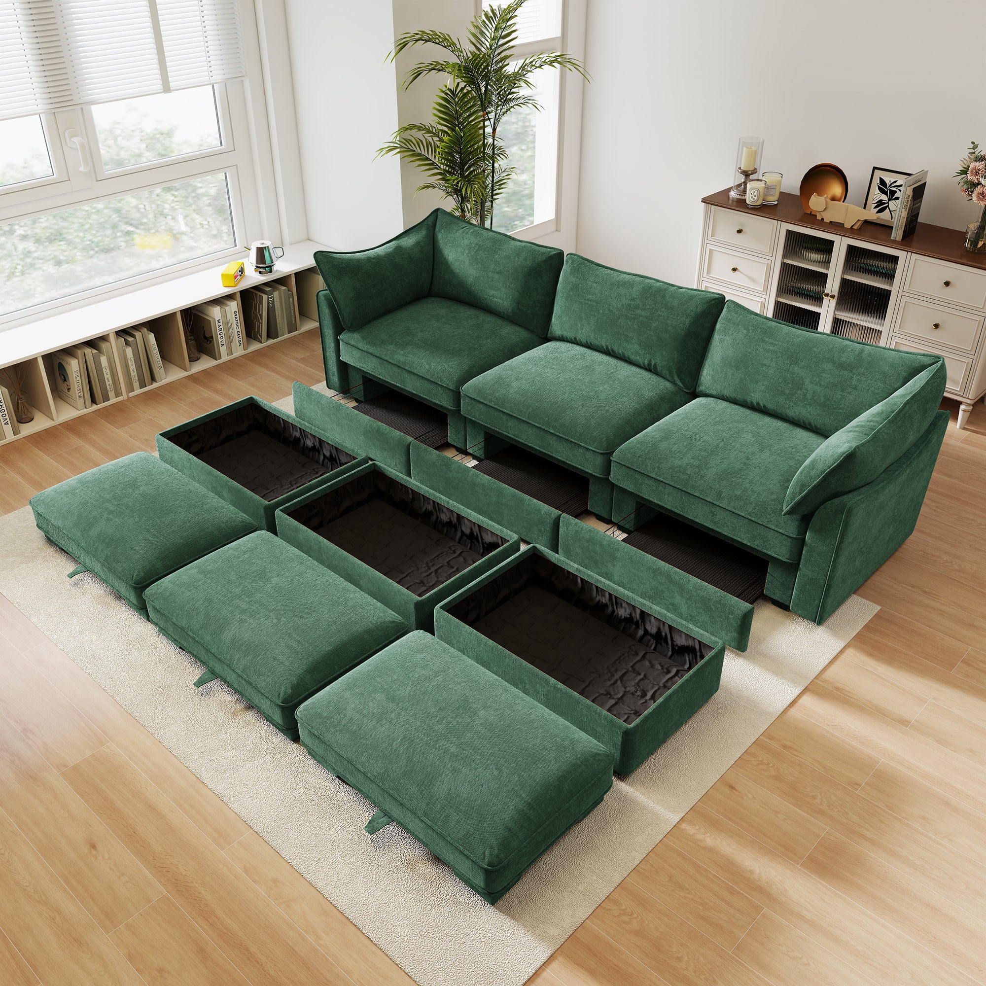 3 Seater Sofa With 3 Ottomans, Wide and Deep Seat 3-Seat Home Theater Sleeper Sofa for Living Room, Modular Sectional Sofa with Storage Pull out Drawer Under Each Seat, Chenille Green