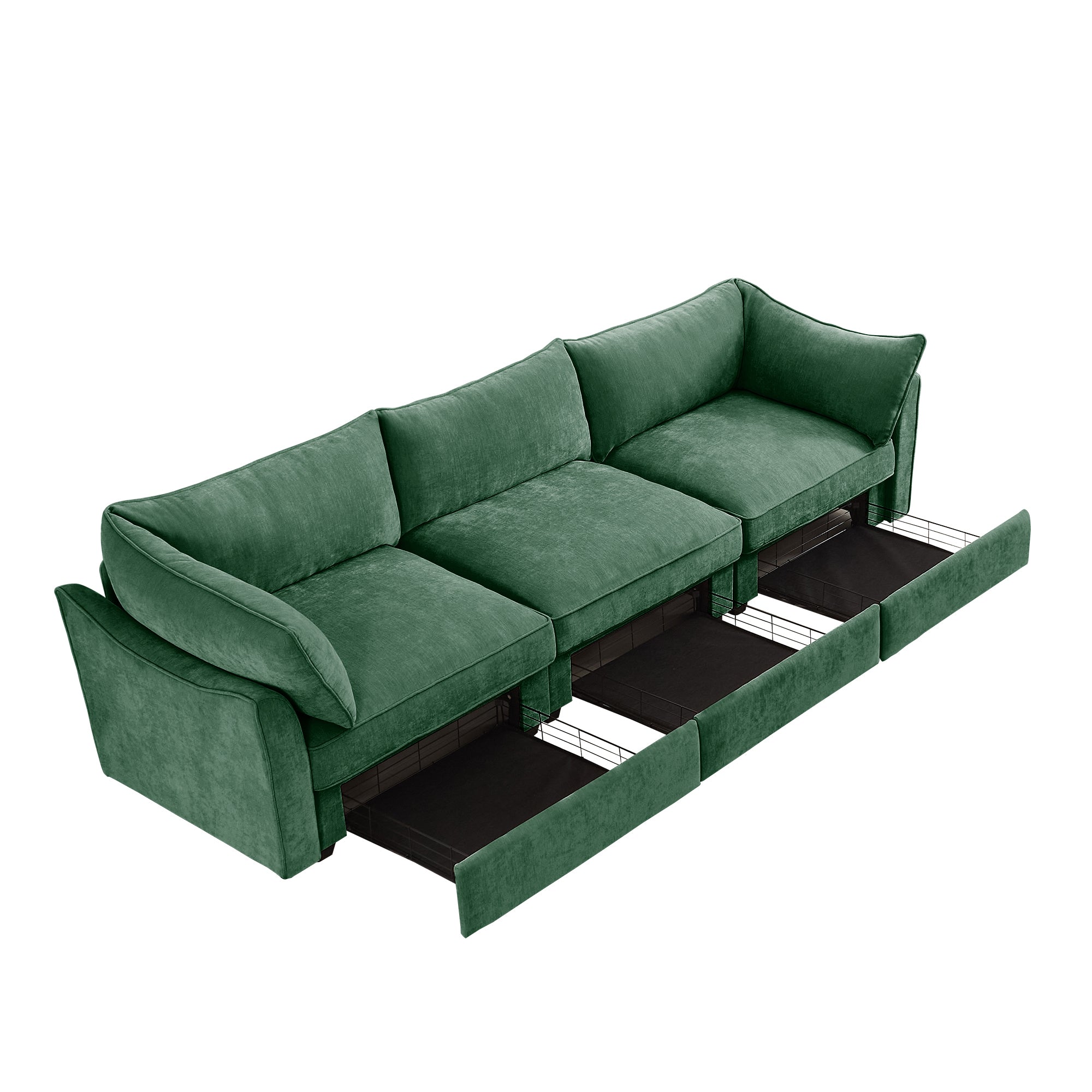 3 Seater Sofa With Storage Pull out Drawers Under Each Seat, ,3 - Seat Large Wide And Deep Seat Sofa with Excellent Storage Space, Suitable for Big Living Rooms, Chenille Green