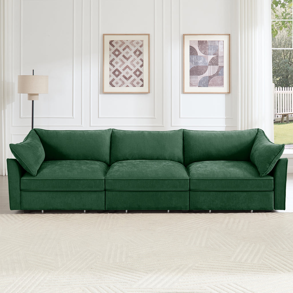 3 Seater Sofa With Storage Pull out Drawers Under Each Seat, ,3 - Seat Large Wide And Deep Seat Sofa with Excellent Storage Space, Suitable for Big Living Rooms, Chenille Green