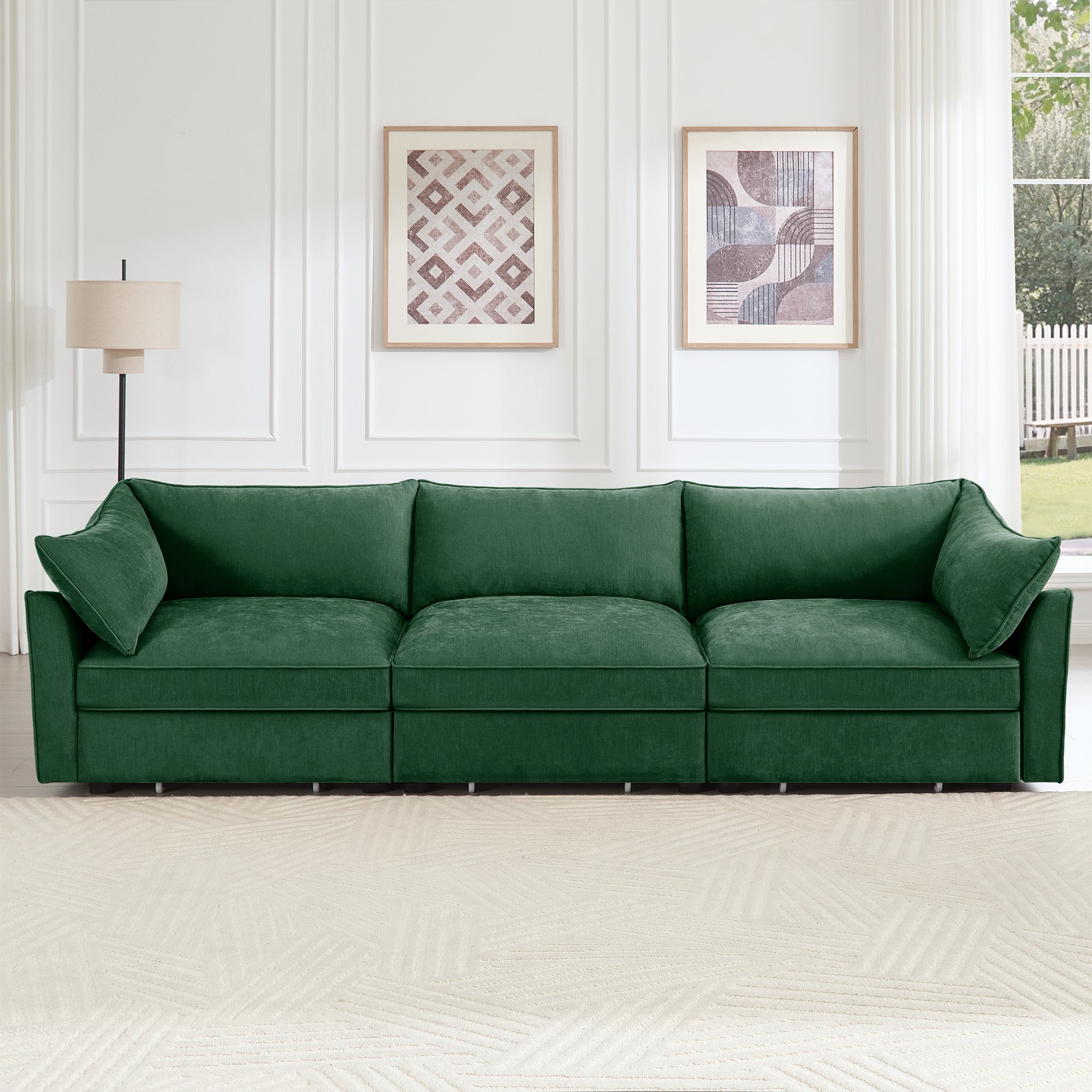 3 Seater Sofa With Storage Pull out Drawers Under Each Seat, ,3 - Seat Large Wide And Deep Seat Sofa with Excellent Storage Space, Suitable for Big Living Rooms, Chenille Green