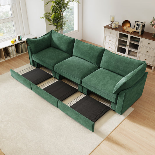 3 Seater Sofa With Storage Pull out Drawers Under Each Seat, ,3 - Seat Large Wide And Deep Seat Sofa with Excellent Storage Space, Suitable for Big Living Rooms, Chenille Green