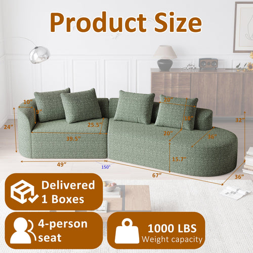 Green Chenille 4-Seater Oversized Curved Sectional Sofa.
