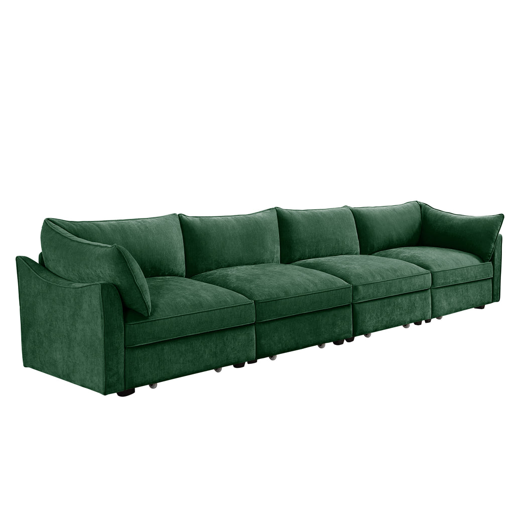 Super Large Wide and Deep Seat Sofa Couch for 4 Persons, 4 Seater Sofa with Storage Pull out Drawer Under Each Seat, Chenille Green
