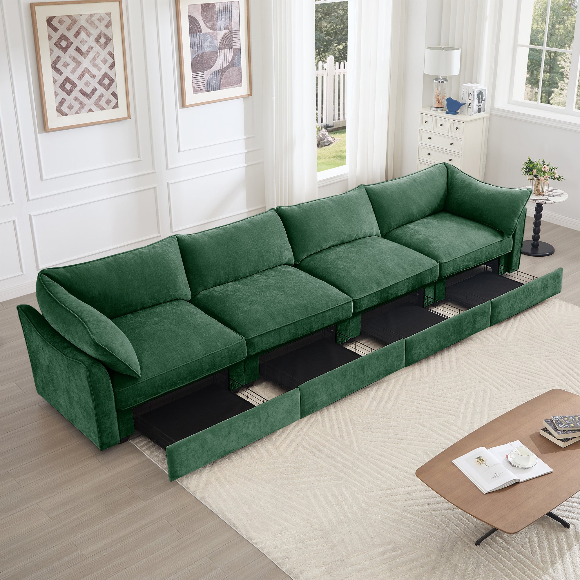 Super Large Wide and Deep Seat Sofa Couch for 4 Persons, 4 Seater Sofa with Storage Pull out Drawer Under Each Seat, Chenille Green