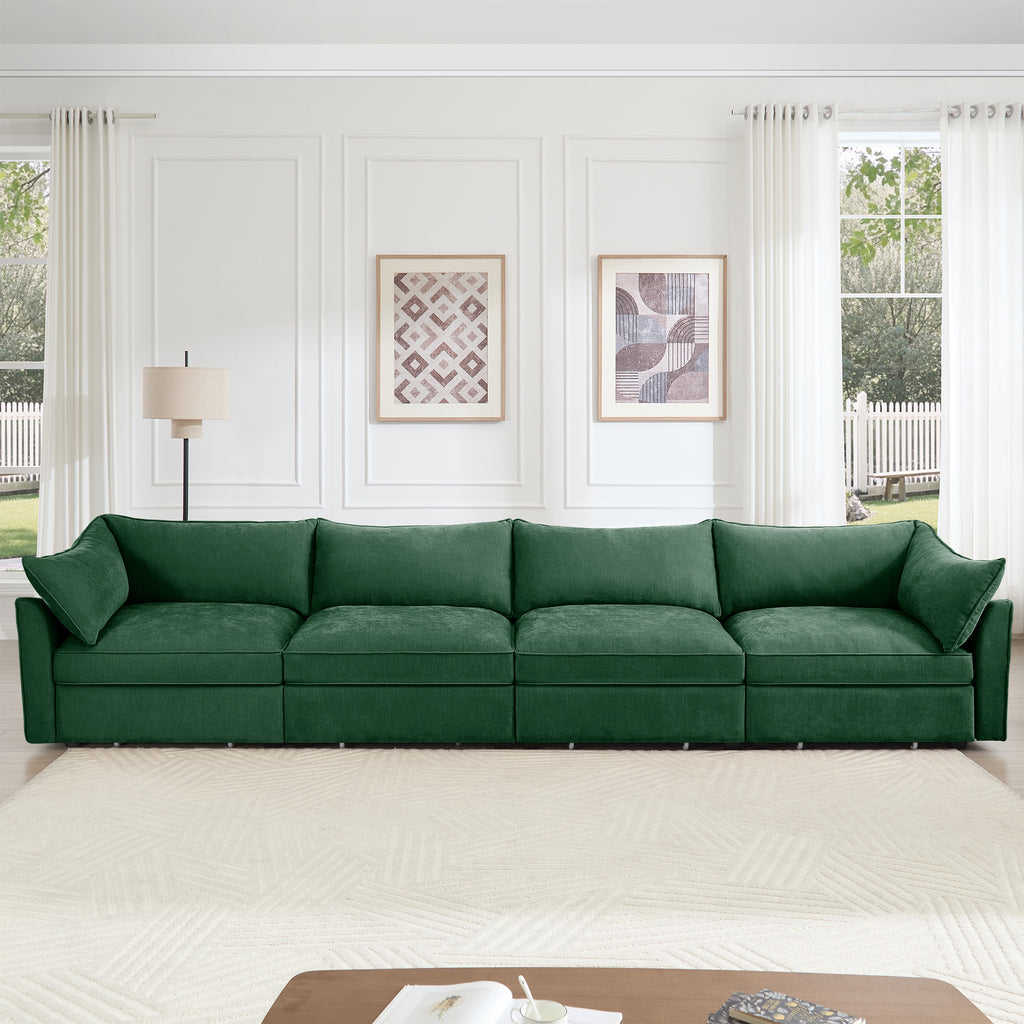 Super Large Wide and Deep Seat Sofa Couch for 4 Persons, 4 Seater Sofa with Storage Pull out Drawer Under Each Seat, Chenille Green