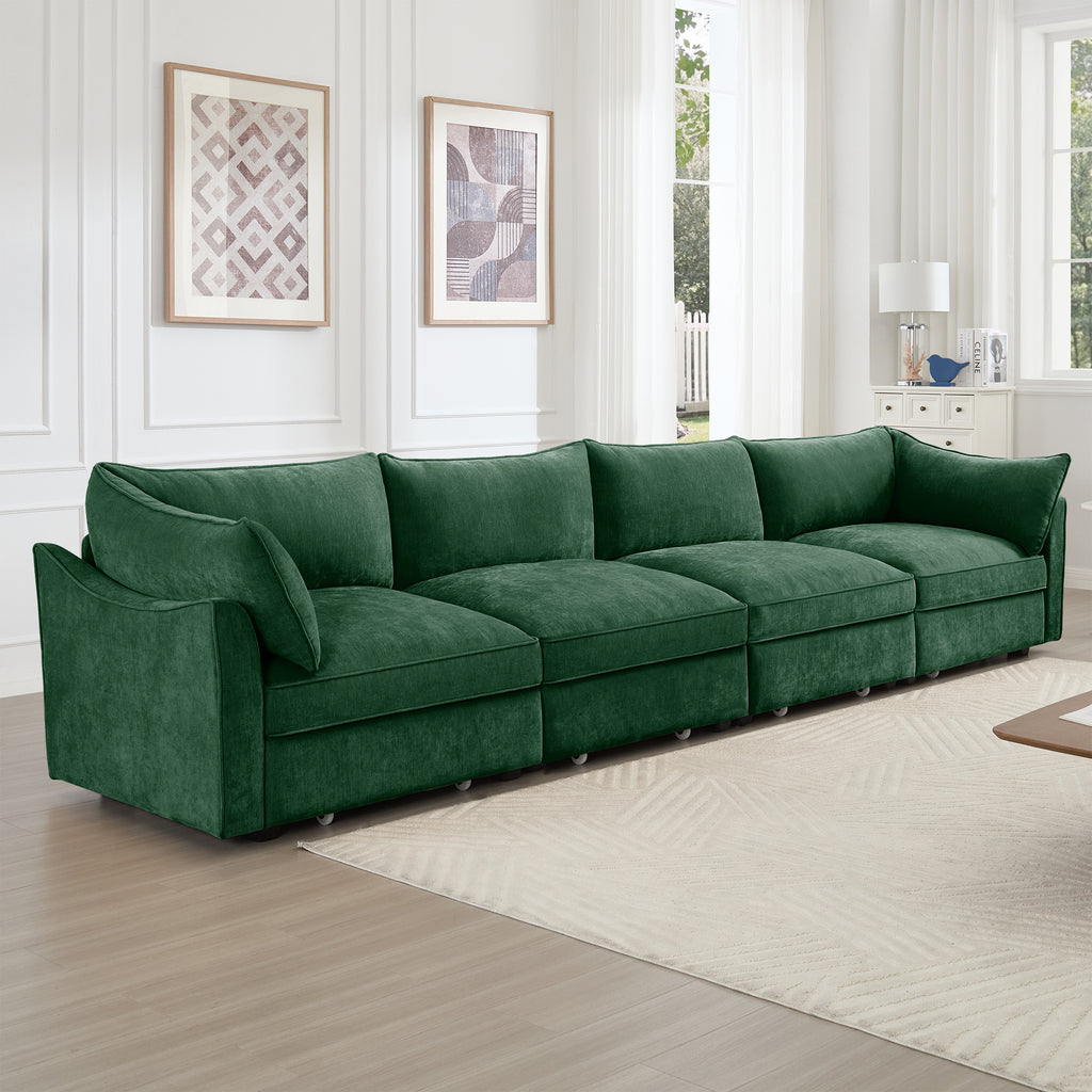 Super Large Wide and Deep Seat Sofa Couch for 4 Persons, 4 Seater Sofa with Storage Pull out Drawer Under Each Seat, Chenille Green