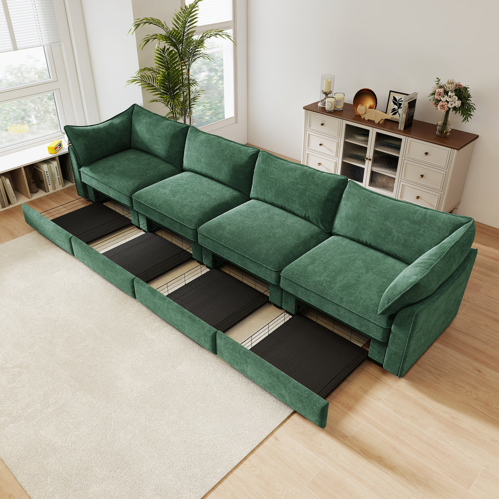 Super Large Wide and Deep Seat Sofa Couch for 4 Persons, 4 Seater Sofa with Storage Pull out Drawer Under Each Seat, Chenille Green