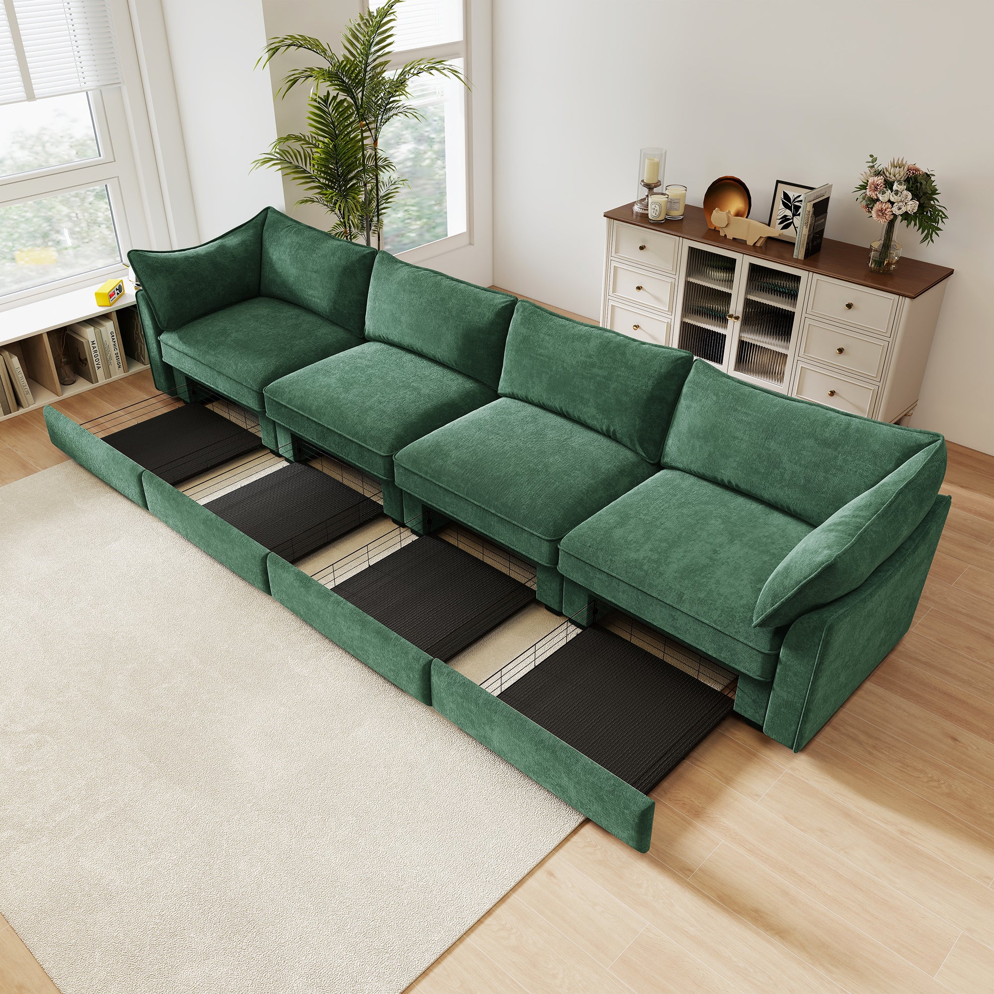 Super Large Wide and Deep Seat Sofa Couch for 4 Persons, 4 Seater Sofa with Storage Pull out Drawer Under Each Seat, Chenille Green