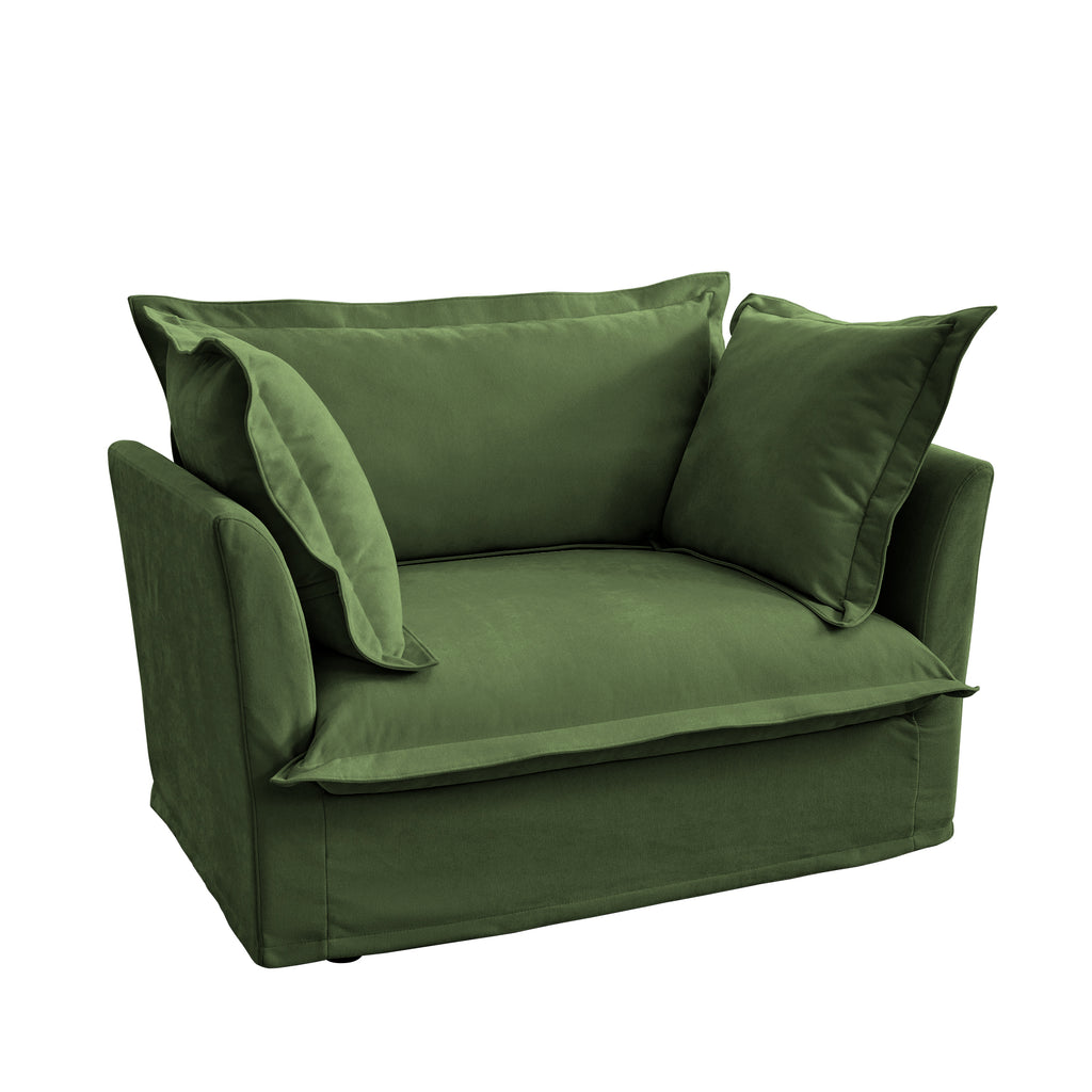 Slip-covered Armchair with 1 Big Back Cushion and 2 Big Toss Pillows, Single Deep Seat Comfy Single Couch Sofa Multiple Large Soft Pillows, Chenille Fabric, Green