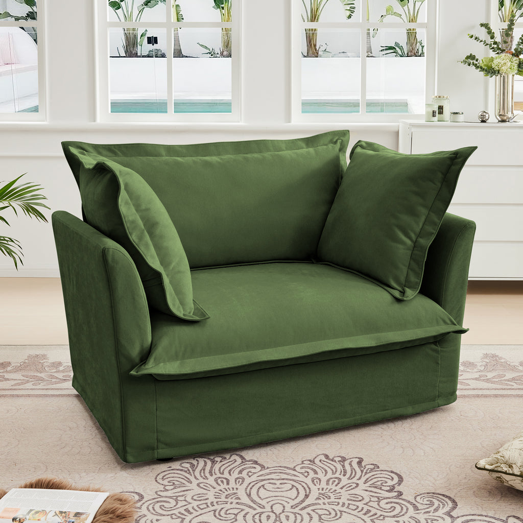Slip-covered Armchair with 1 Big Back Cushion and 2 Big Toss Pillows, Single Deep Seat Comfy Single Couch Sofa Multiple Large Soft Pillows, Chenille Fabric, Green
