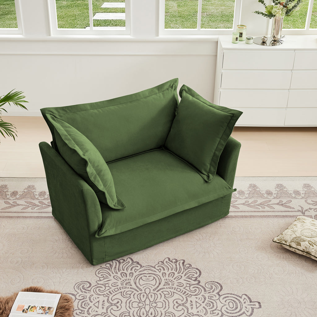 Slip-covered Armchair with 1 Big Back Cushion and 2 Big Toss Pillows, Single Deep Seat Comfy Single Couch Sofa Multiple Large Soft Pillows, Chenille Fabric, Green