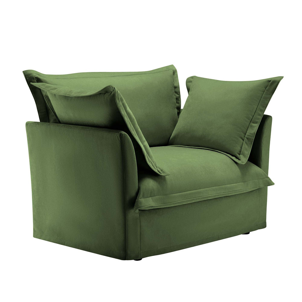 Slip-covered Armchair with 1 Big Back Cushion and 2 Big Toss Pillows, Single Deep Seat Comfy Single Couch Sofa Multiple Large Soft Pillows, Chenille Fabric, Green
