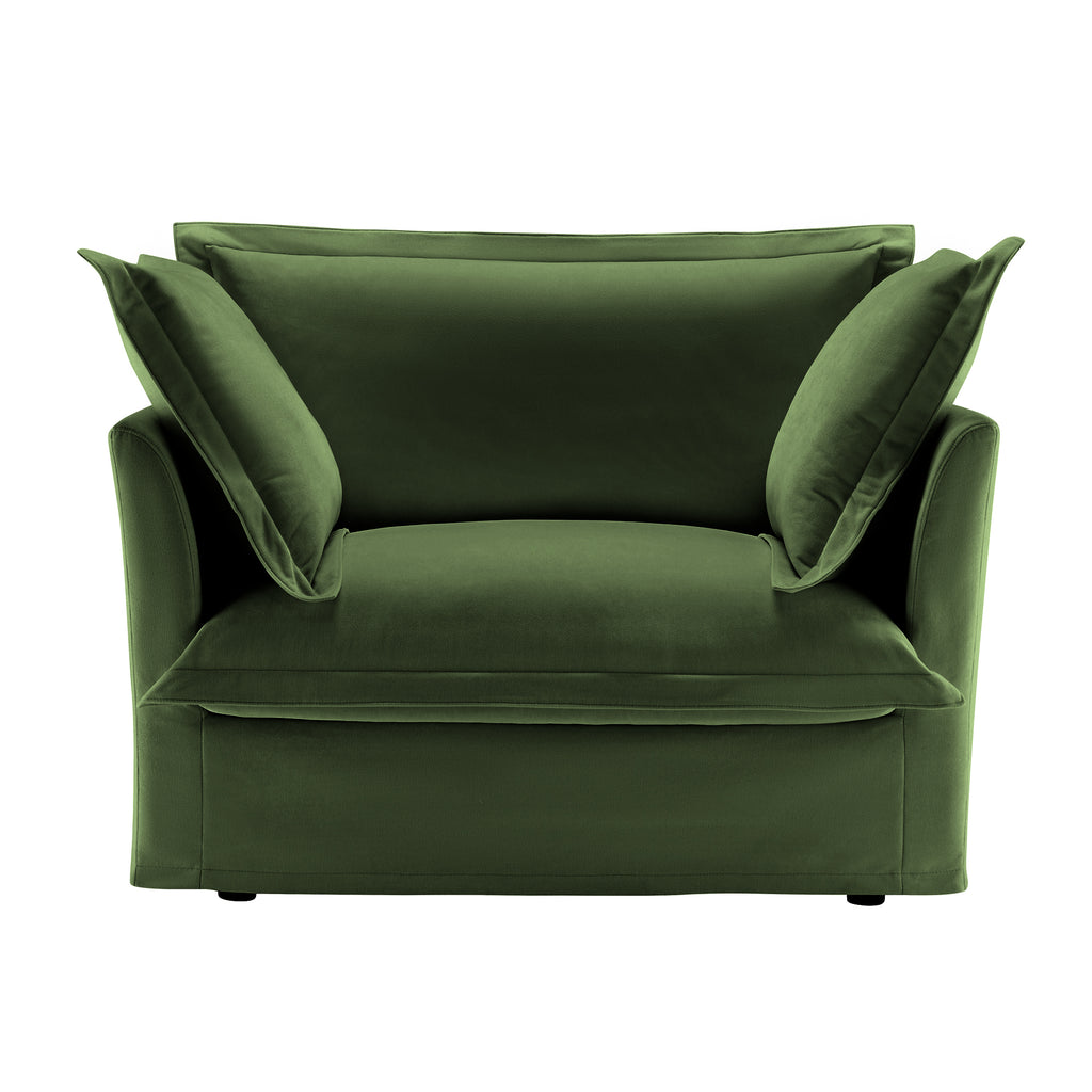 Slip-covered Armchair with 1 Big Back Cushion and 2 Big Toss Pillows, Single Deep Seat Comfy Single Couch Sofa Multiple Large Soft Pillows, Chenille Fabric, Green