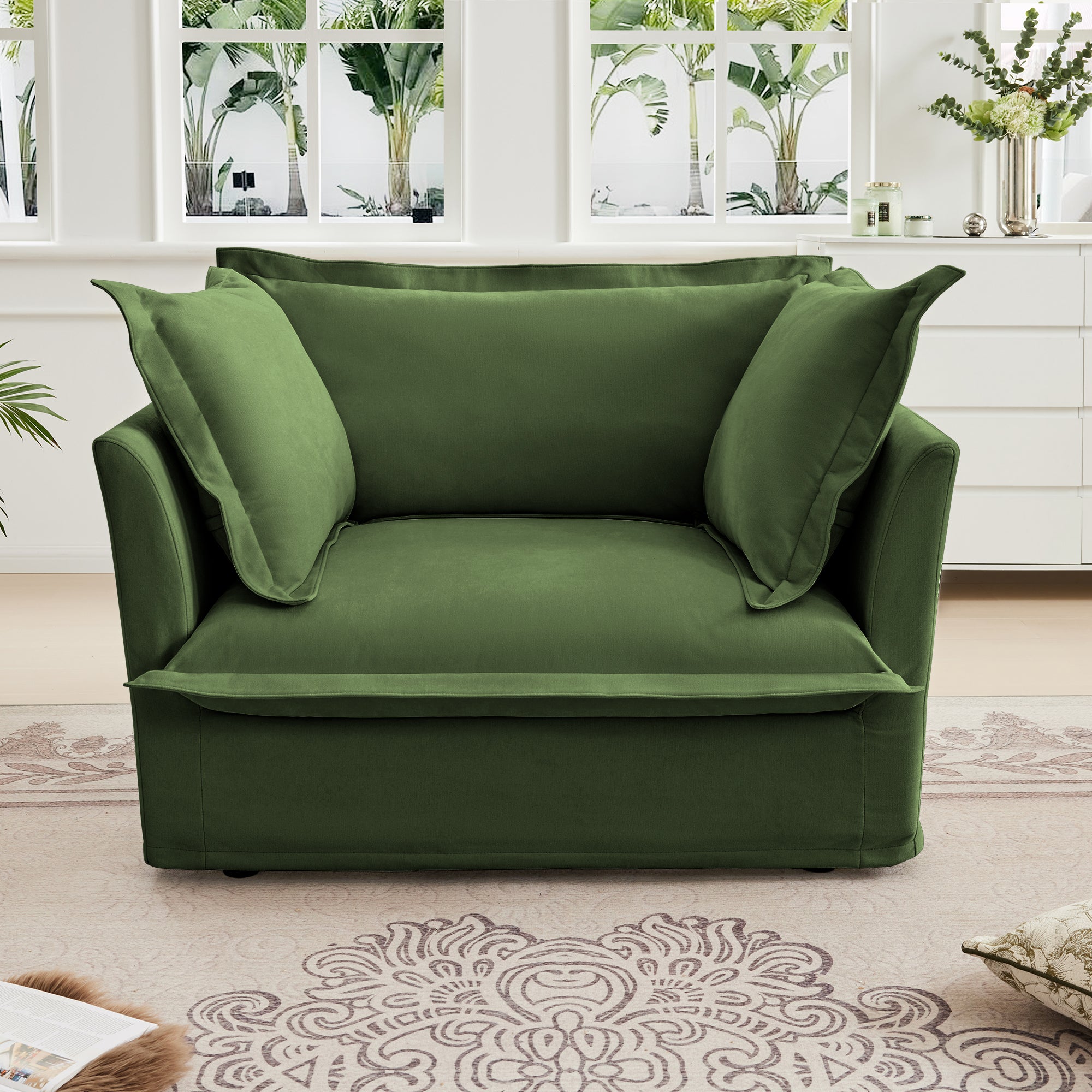 Slip-covered Armchair with 1 Big Back Cushion and 2 Big Toss Pillows, Single Deep Seat Comfy Single Couch Sofa Multiple Large Soft Pillows, Chenille Fabric, Green