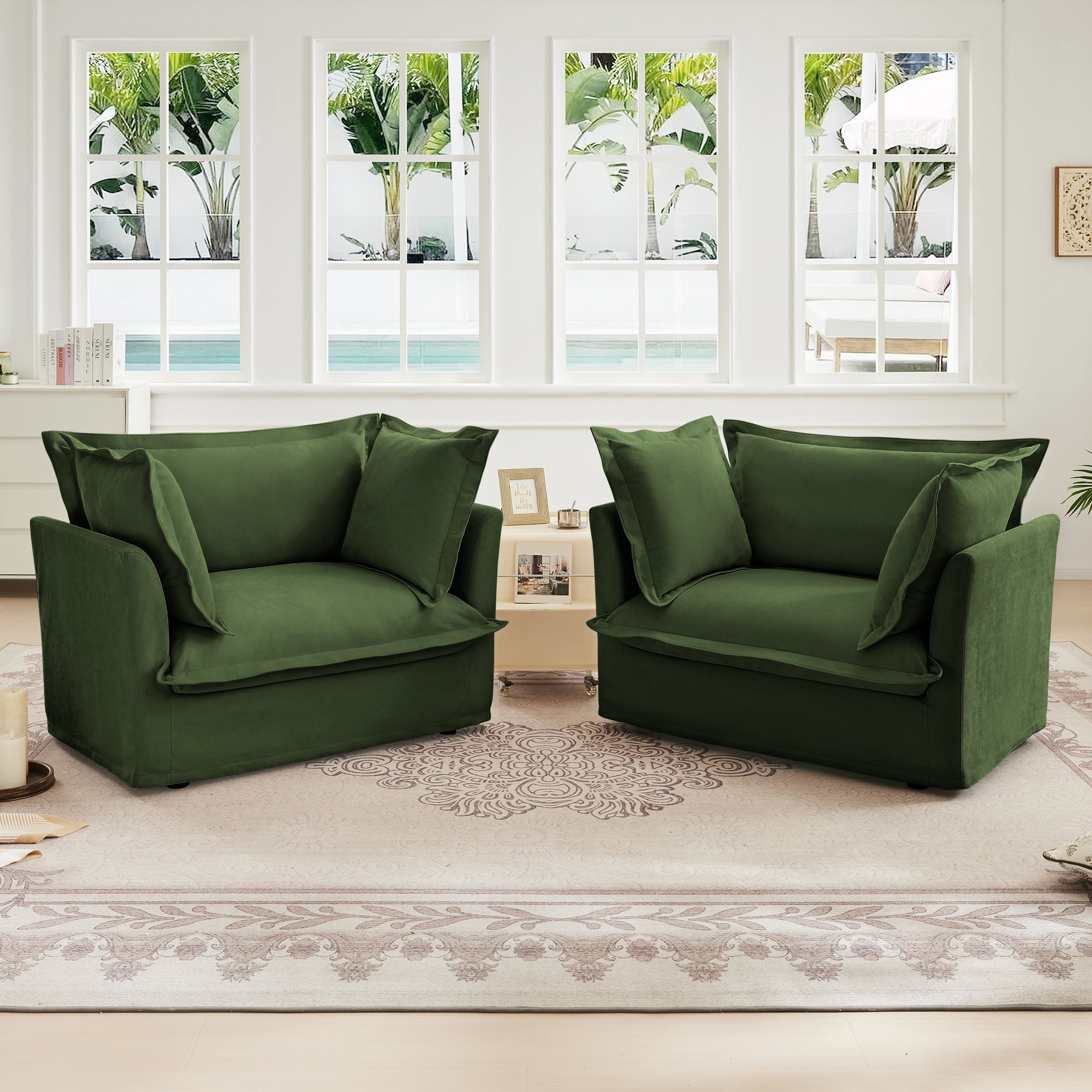 Set of 2 Slipcovered Armchairs,Deep Seat Accent Chair Set for Living Room, Reading Room, Bedroom and Working Spaces,Armchair Sets with Large Soft Pillows,Chenille Fabric,Green