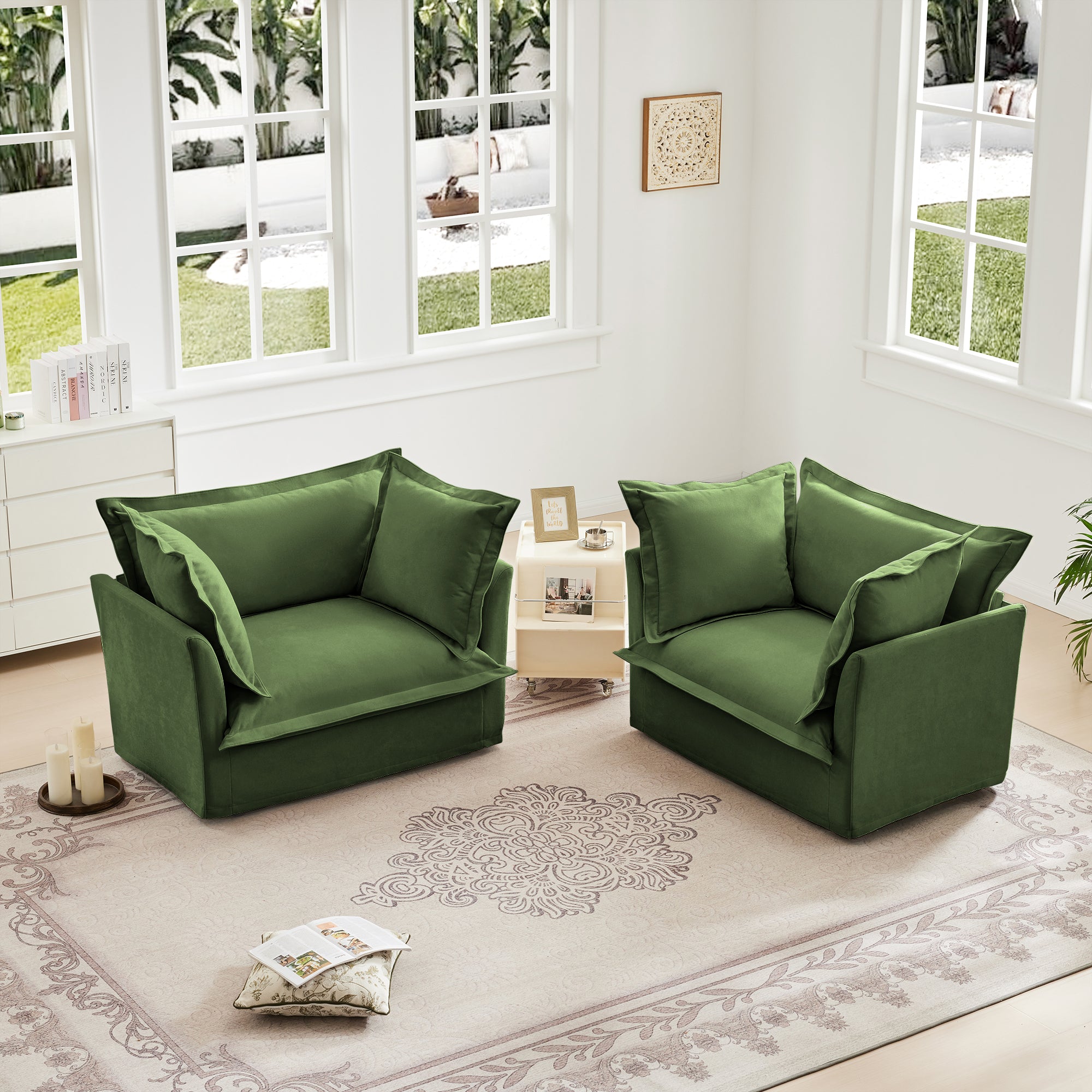 Set of 2 Slipcovered Armchairs,Deep Seat Accent Chair Set for Living Room, Reading Room, Bedroom and Working Spaces,Armchair Sets with Large Soft Pillows,Chenille Fabric,Green