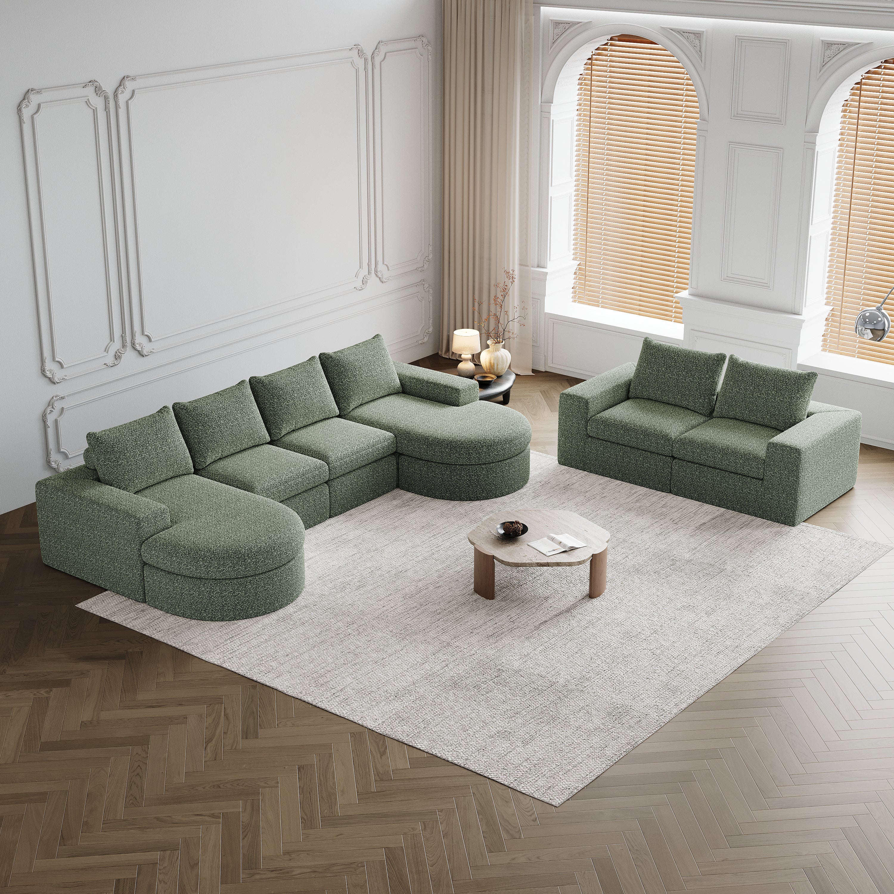 Chenille Cloud Curved Sectional Sofa with Chaise, L-Shaped Modern Upholstered Sectional Sofa with Six modules , Chenille Sectional Sofa for Living Room and Bedroom, No Assembly Required