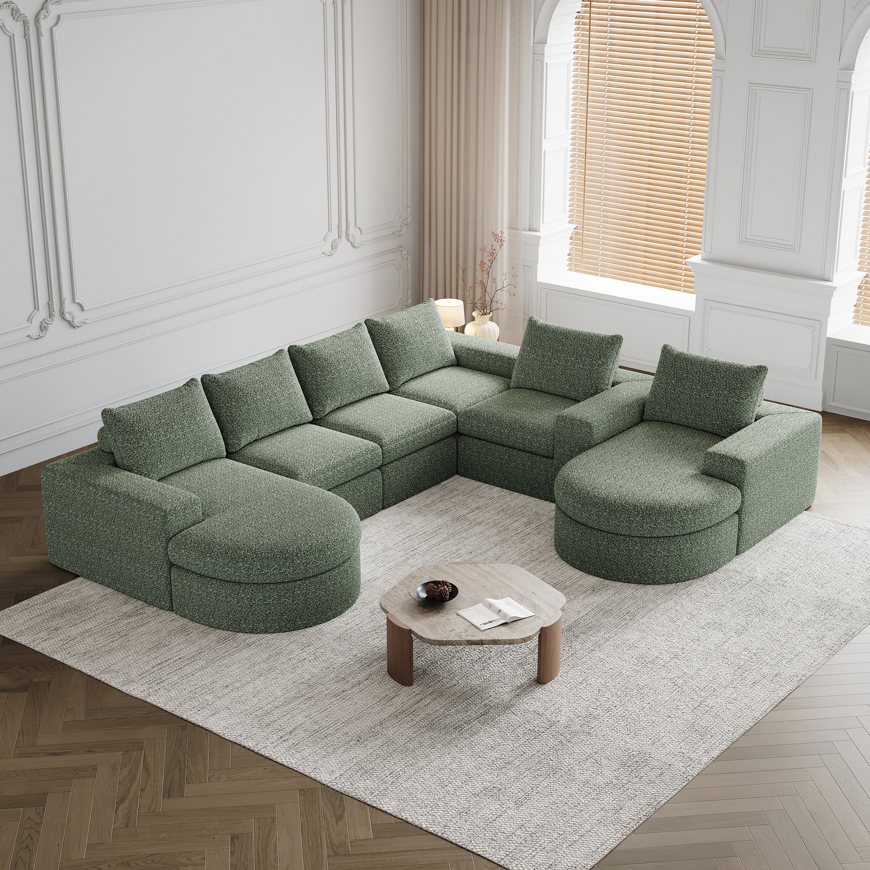 Chenille Cloud Curved Sectional Sofa with Chaise, L-Shaped Modern Upholstered Sectional Sofa with Six modules , Chenille Sectional Sofa for Living Room and Bedroom, No Assembly Required