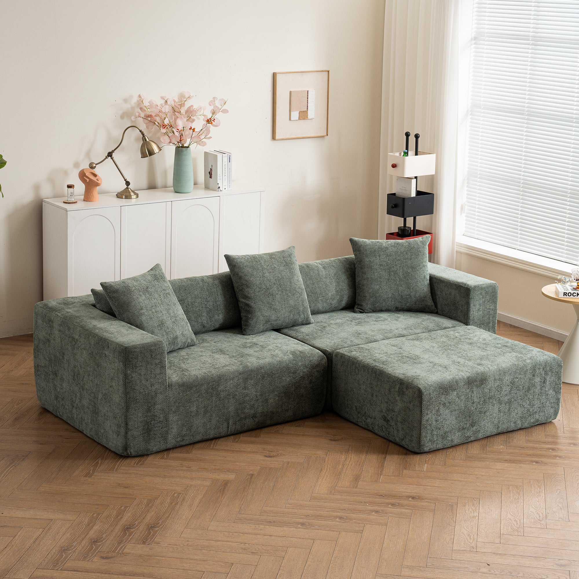 Modular cross-section with L-shaped lounge chair, cloud sofa, living room, bedroom soft cushion sofa - no installation required - chenille fabric (Green)