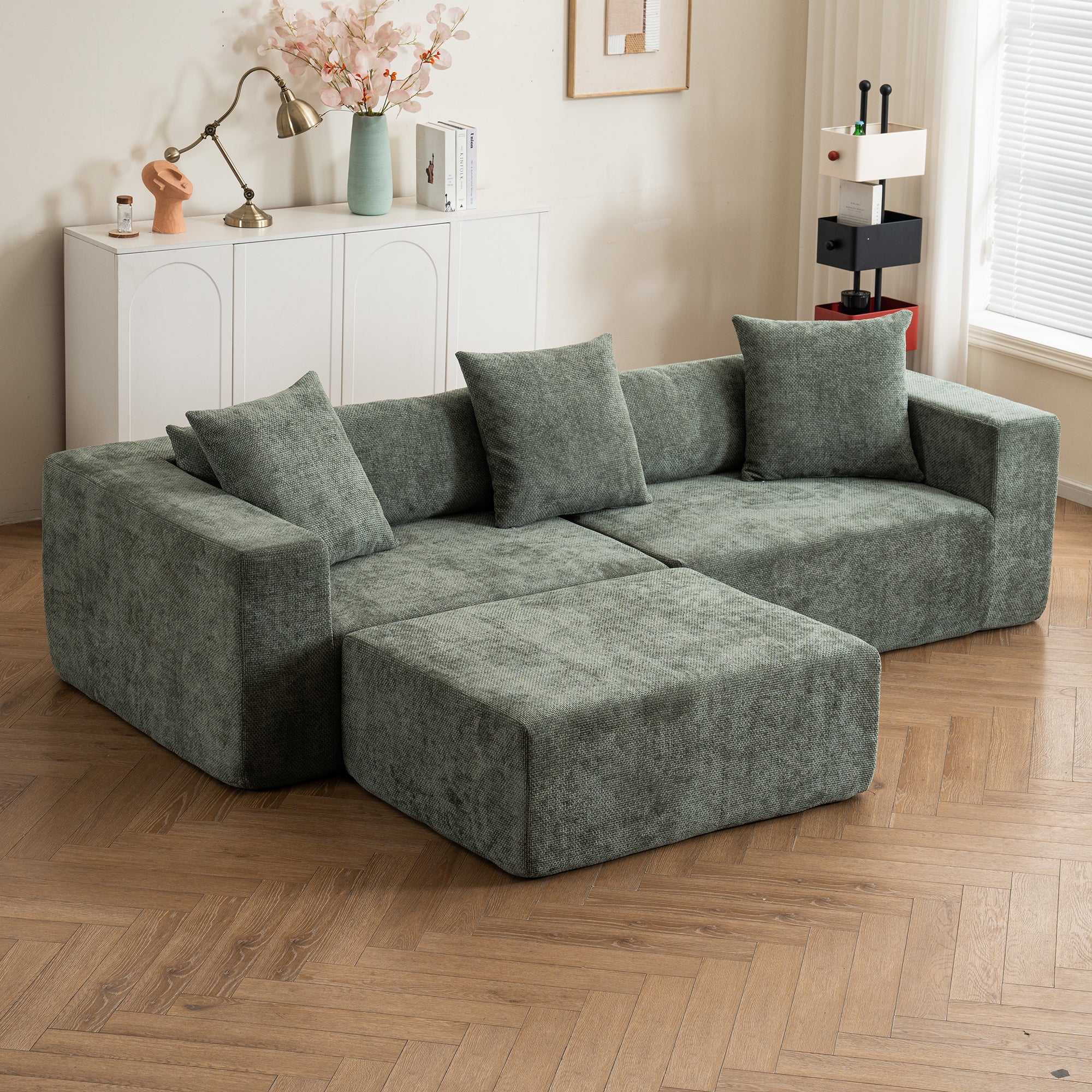 Modular cross-section with L-shaped lounge chair, cloud sofa, living room, bedroom soft cushion sofa - no installation required - chenille fabric (Green)