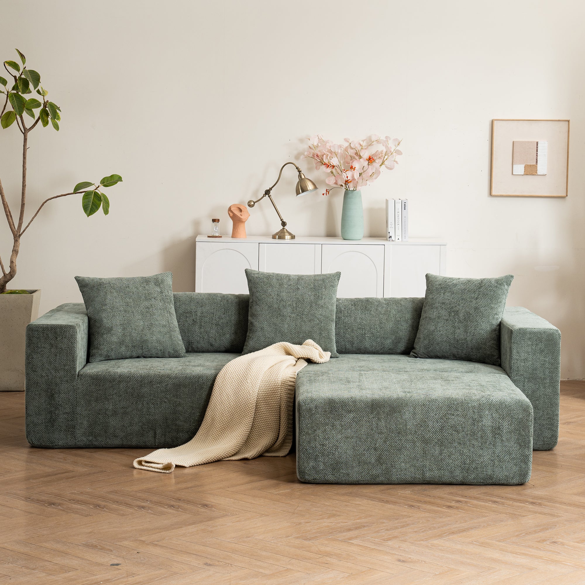Modular cross-section with L-shaped lounge chair, cloud sofa, living room, bedroom soft cushion sofa - no installation required - chenille fabric (Green)