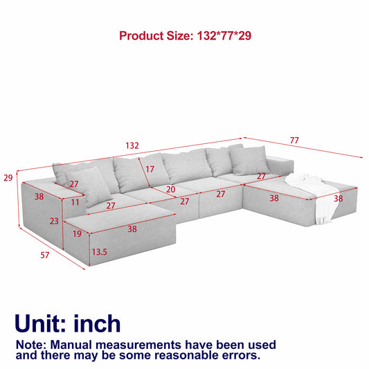 Modern Upholstered Sectional Boneless Couch Set,Modular 132' L Shaped Sectional Living Room Sofa Set With 6 Pillows,Free Combination Sofa Couch for Living Room,Bedroom
