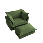 Green Chenille Slipcovered Armchair with Ottoman Set.