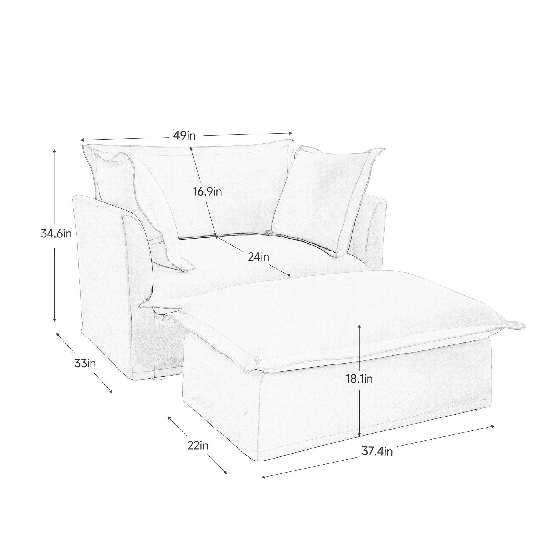 Upholstered Slipcovered Armchair with Ottoman, Deep Seat Armchair W/ Wide Ottoman for Living Room, Armchair Sets with Large Soft Pillows(Set of 2),Chenille Fabric,Green