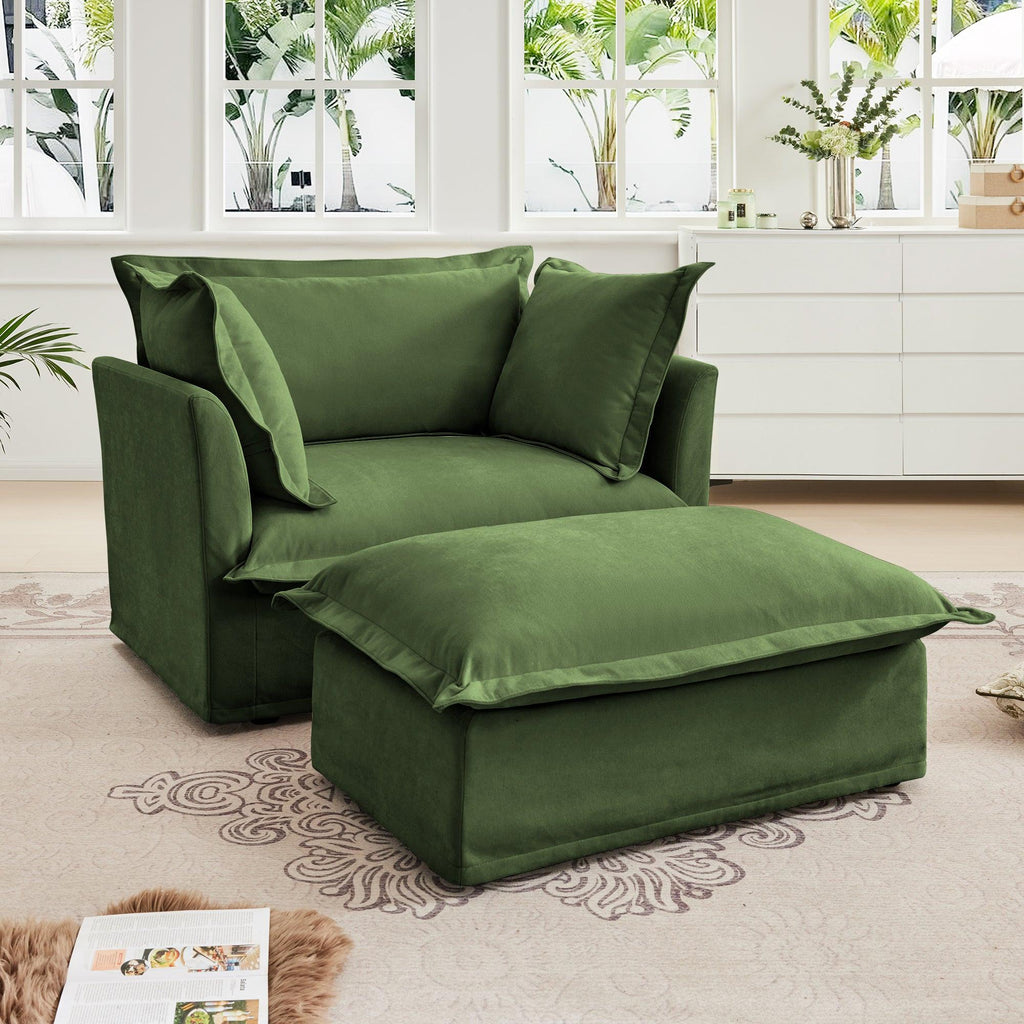 Green Chenille Slipcovered Armchair with Ottoman Set.