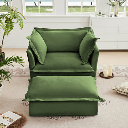 Upholstered Slipcovered Armchair with Ottoman, Deep Seat Armchair W/ Wide Ottoman for Living Room, Armchair Sets with Large Soft Pillows(Set of 2),Chenille Fabric,Green