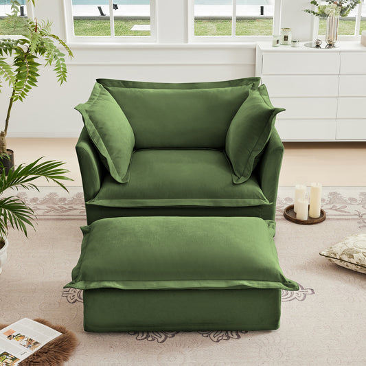 Upholstered Slipcovered Armchair with Ottoman, Deep Seat Armchair W/ Wide Ottoman for Living Room, Armchair Sets with Large Soft Pillows(Set of 2),Chenille Fabric,Green